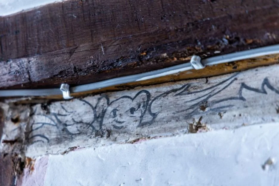 A charcoal drawing of a cat's face on a wooden beam.