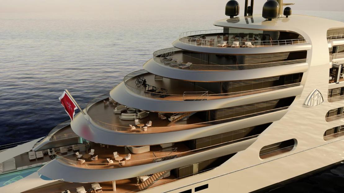 Illustration of a multi-deck yacht with a flag and amenities like a gym.