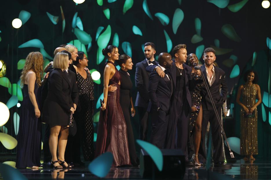 Melvin Odoom, Danny Jones, and Oti Mabuse accept the 'Reality Competition' Award for 'I'm a Celeb' during the NTA's 2025.