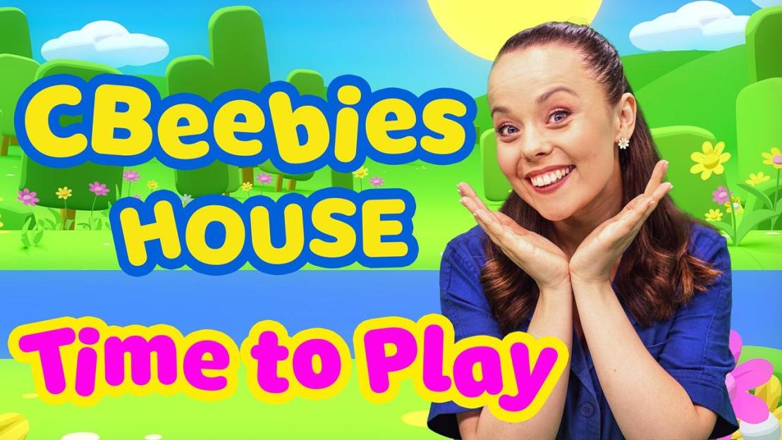 Evie Pickerill smiling with the text "CBeebies House, Time to Play" over a cartoon background.