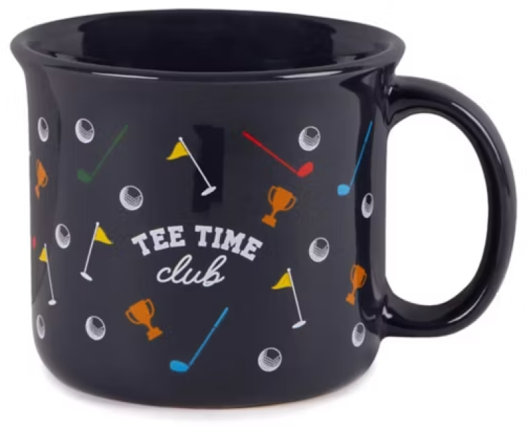 Dark blue mug with golf-themed illustrations including the text "TEE TIME club."