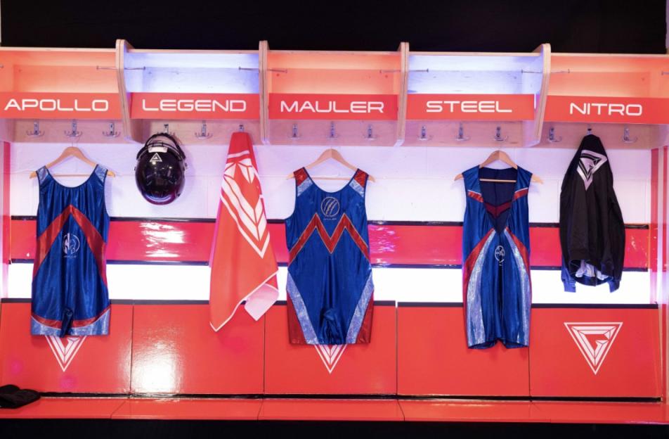 Locker room with uniforms and equipment for Apollo, Legend, Mauler, Steel, and Nitro.