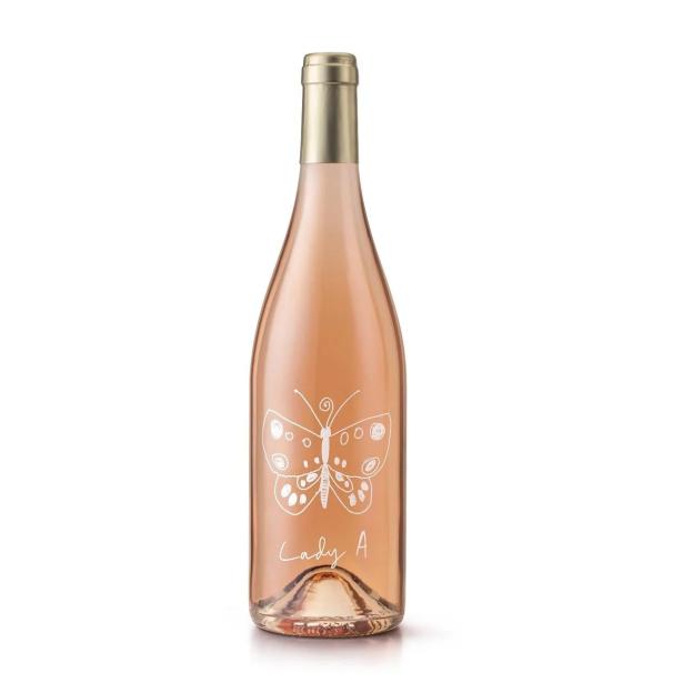 Lady A Provence Rose Wine Pink Fizzy with a butterfly design on the bottle.