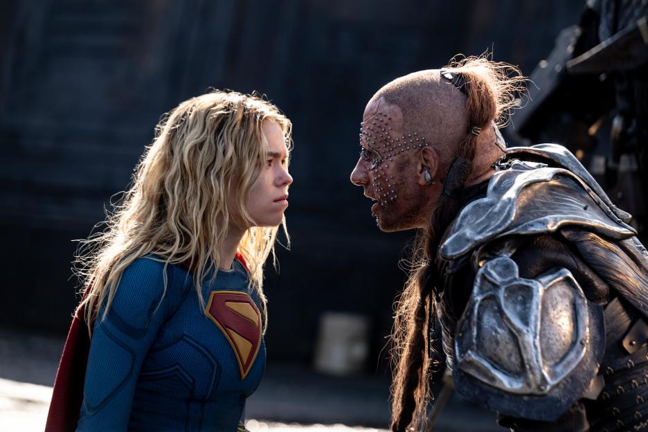 Milly Alcock as Supergirl facing Matthias Schoenaerts in a scene from "Supergirl."