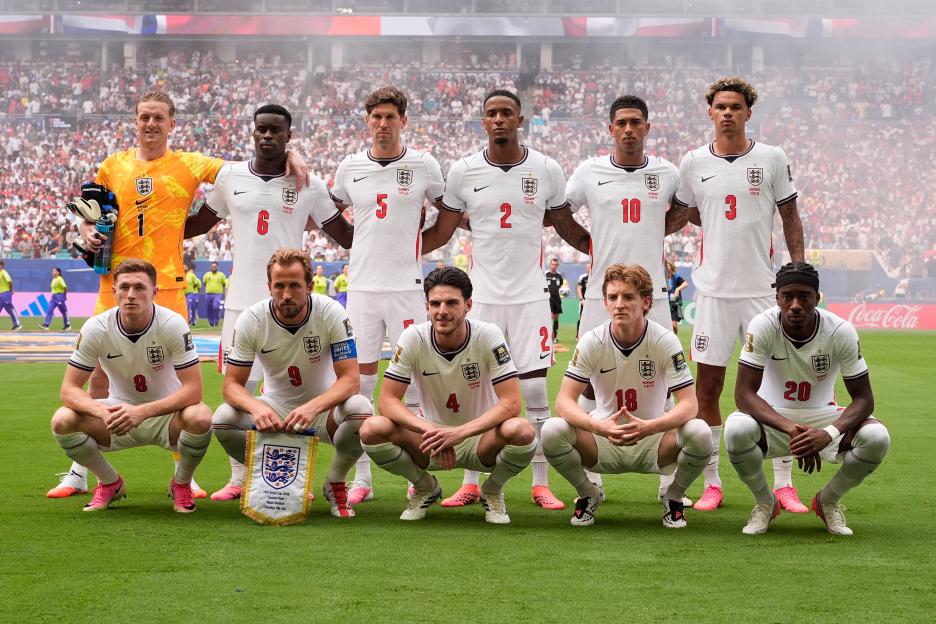 The England squad poses before the World Cup quarter-final soccer match against Norway.