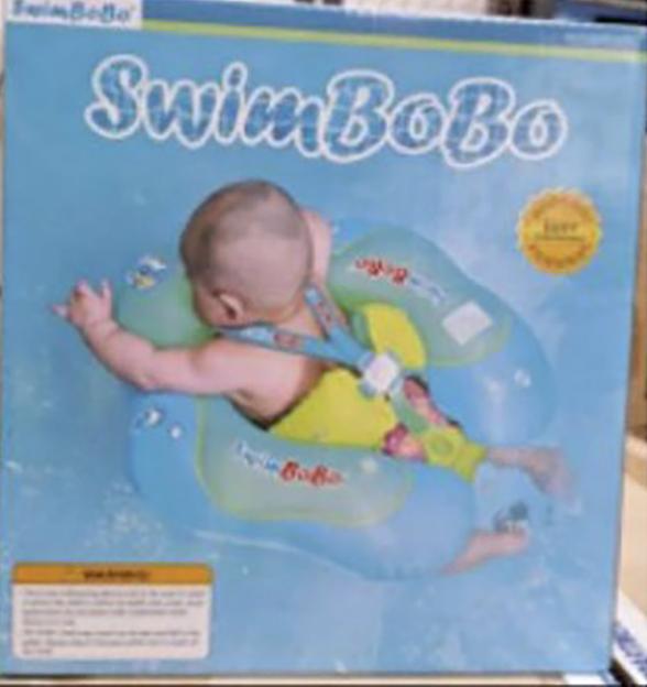 SwimBobo baby swimming float packaging with a baby in the float.
