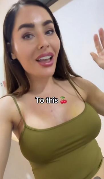 A woman with long dark hair, wearing a green tank top, smiling with her mouth open, and a red cherry emoji next to the text "To this".