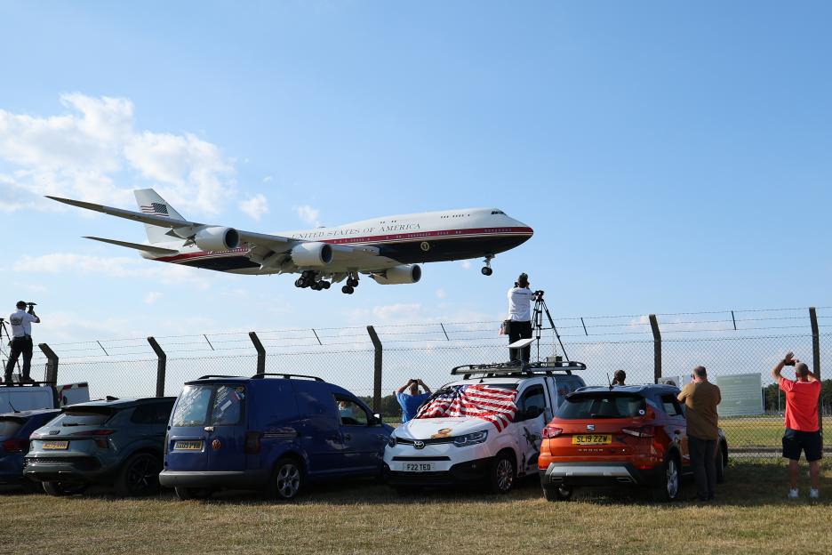 The newly overhauled Air Force One, a Boeing 747 seen landing at RAF Mildenhall in Suffolk this evening after President, Donald J Trump earlier announced on Truth Social - 8th July 2026