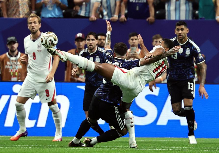 Jude Bellingham of England and Enzo Fernandez of Argentina in action during the FIFA World Cup 2026 semifinals.