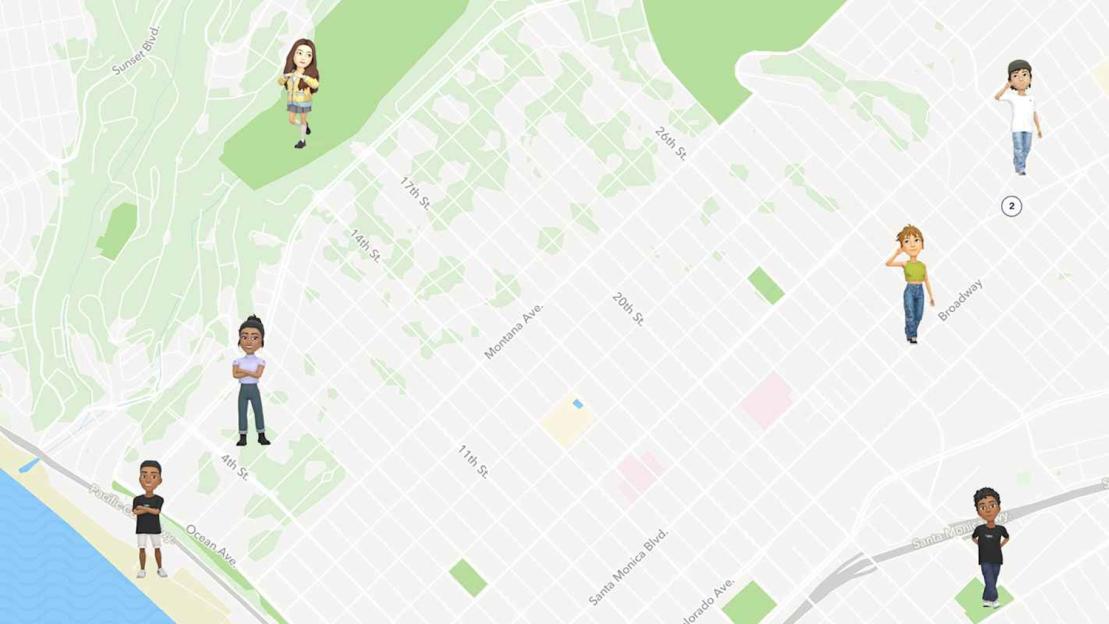 Illustration of Bitmoji avatars on a map of a city, representing Snap Maps.