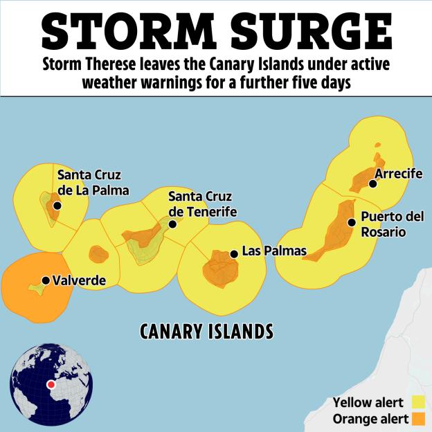 Illustration of a map of the Canary Islands with storm surge warnings, showing most islands under a yellow alert and Valverde under an orange alert.