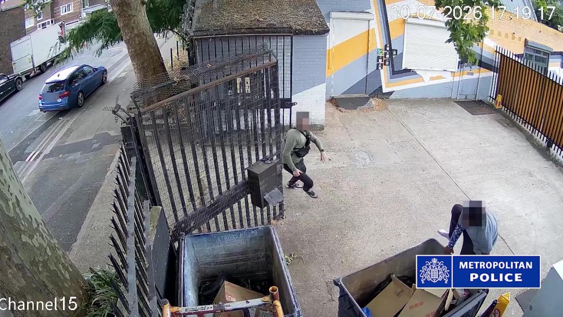 CCTV footage shows a person attempting to jump into a bin to escape from police, with a Metropolitan Police logo visible.