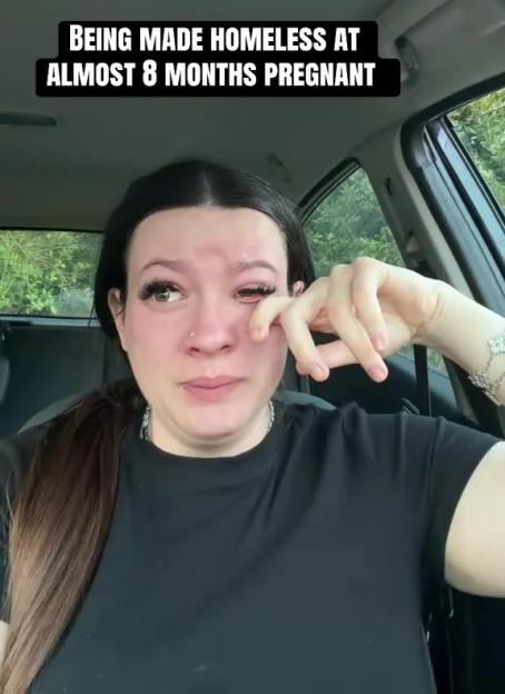 A crying pregnant woman in a car with the text "Being Made Homeless at Almost 8 Months Pregnant."
