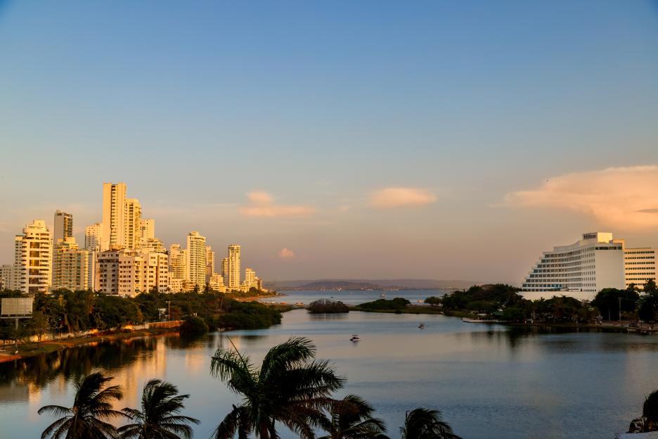 Hilton Hotel and residential buildings during sunset in El Laguito neighborhood