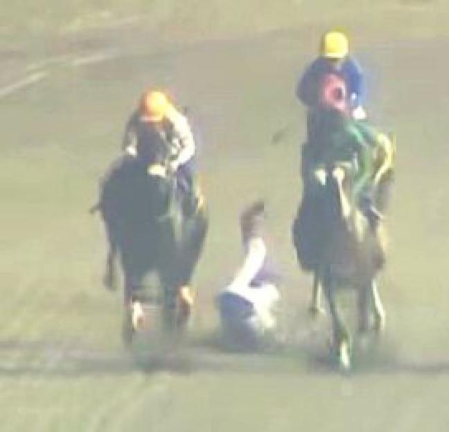 Jockey Elvin A. Abrea fallen from his horse during a race.