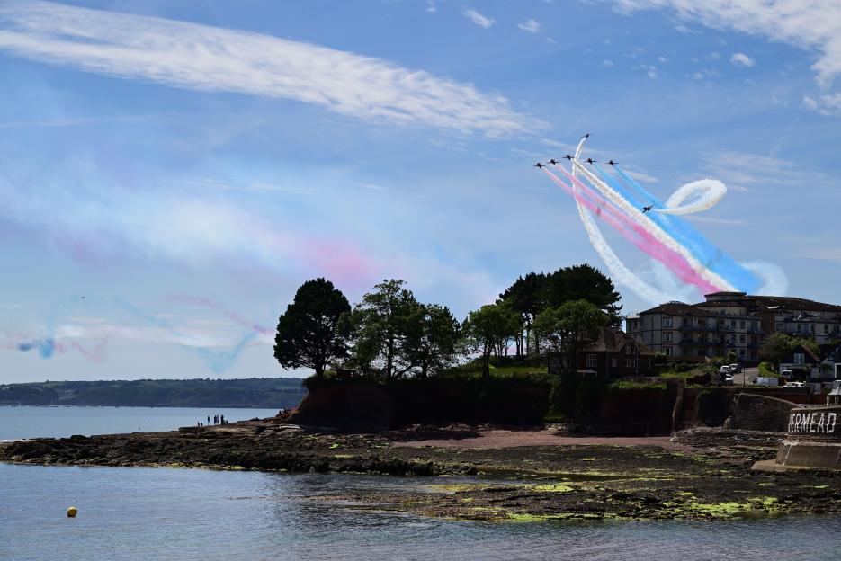 The Red Arrows displaying over Torbay during the English Riviera Airshow.