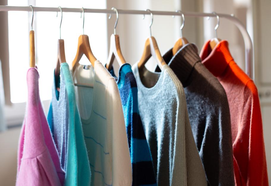 Clothes rail with colorful cashmere sweaters