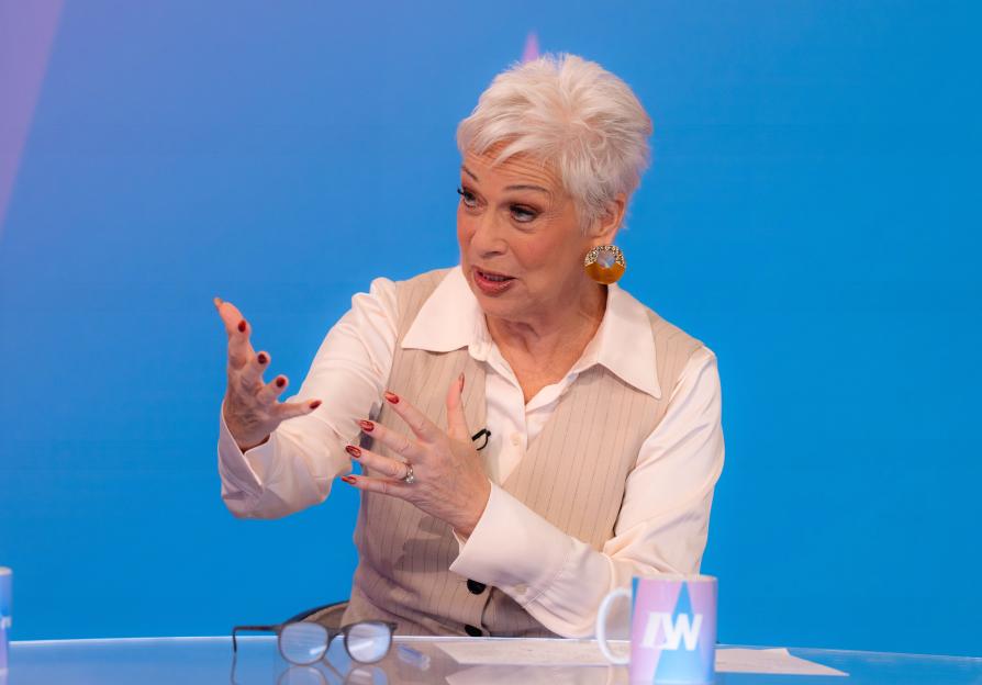 Denise Welch speaking on a television program.