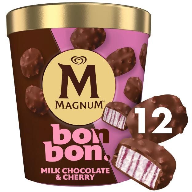 Magnum Bon Bons Milk Chocolate & Cherry ice cream tub and two bon bons, one cut in half, showing 12 servings.