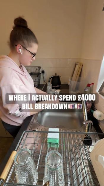 A young woman doing dishes in a kitchen sink, with text overlay "WHERE I ACTUALLY SPEND £4000 BILL BREAKDOWN".