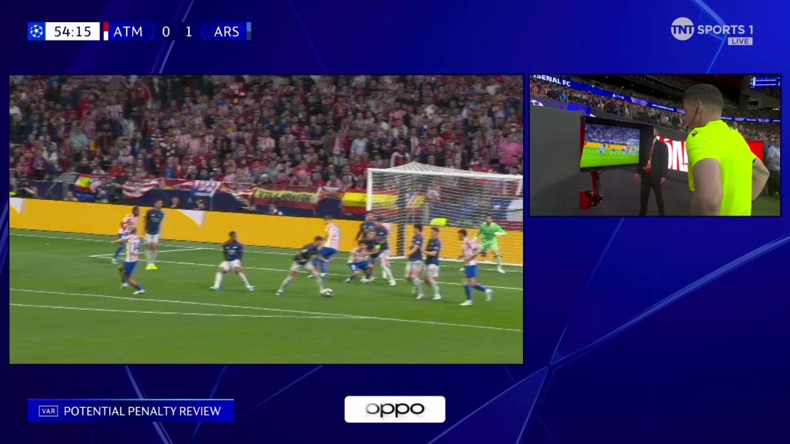 A football match showing a "potential penalty review" with the score ATM 0 - 1 ARS at 54:15.