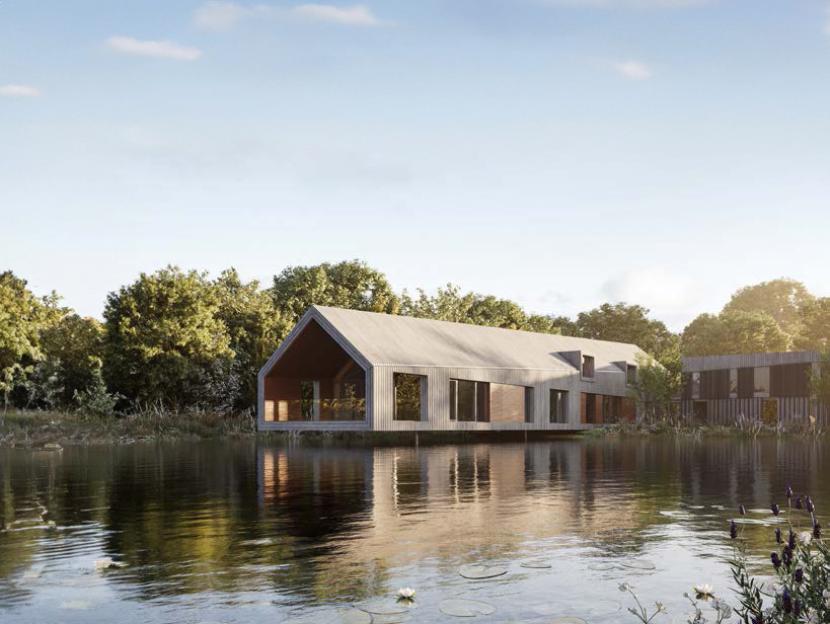 Illustration of a contemporary house on a lake with another building to its right, surrounded by trees.