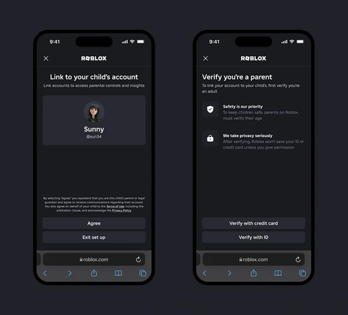 Screenshot of the Roblox mobile app showing screens for linking to a child's account and parent verification.
