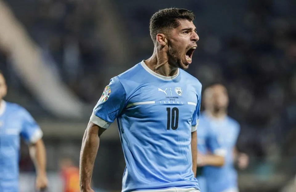 Manor Solomon of Israel celebrates after scoring a goal during a match against Andorra.
