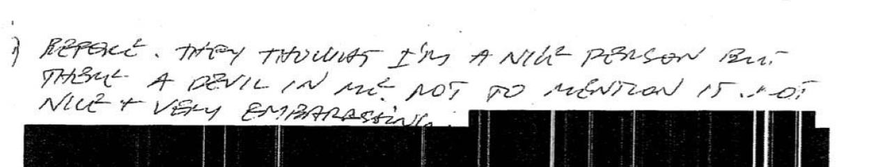 Handwritten letter by Victorino Chua stating "They thought I'm a nice person but there's a devil in me".