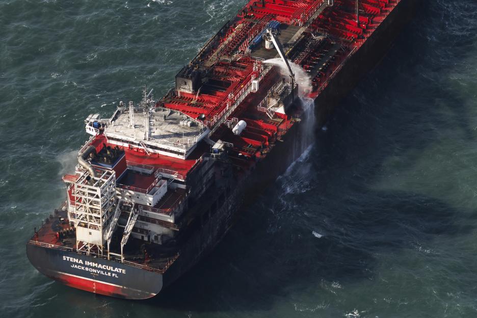 Aerial view of the damaged MV Stena Immaculate tanker off the Yorkshire coast.