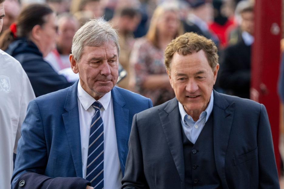 Steve Gibson Middlesbrough Chairman arrives at the Stadium with ex Manchester United and England player and ex Middlesbrough Manager Bryan Robson prior to the Sky Bet Championship match between Middlesbrough and Birmingham City at the Riverside Stadi