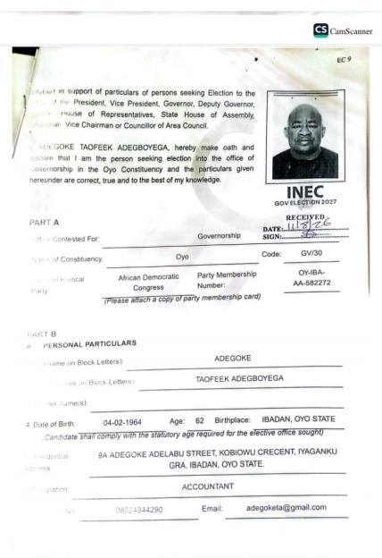 Oyo 2027: INEC Officially Names Adegoke as ADC's Gubernatorial Candidate
