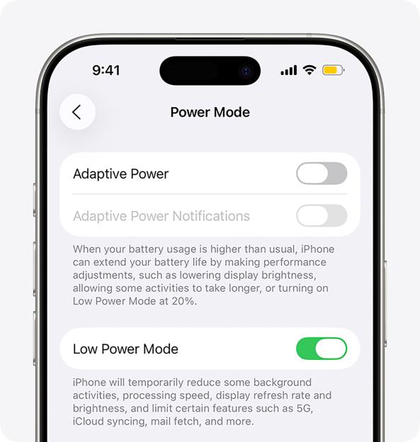 Illustration of an iPhone showing the "Power Mode" settings with "Low Power Mode" enabled.