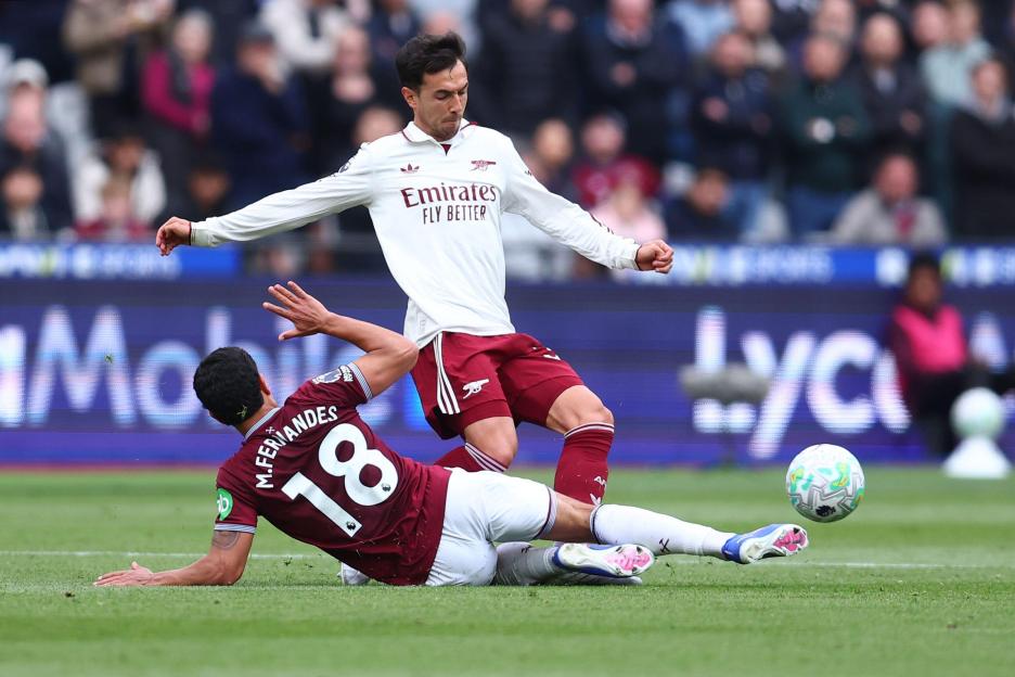 London, England, 10th May 2026. Mateus Fernandes of West Ham United and Martin Zubimendi of Arsenal challenge for the ball during the West Ham United vs Arsenal Premier League match at the London Stadium, London. Picture credit should read: Paul Terr
