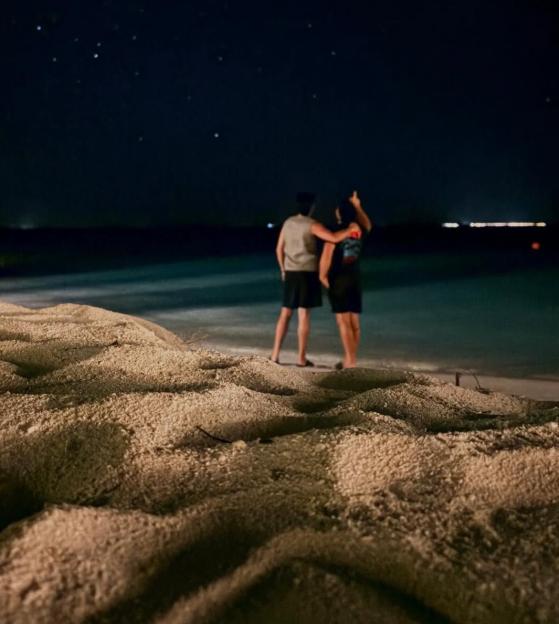 Two people stand on a sandy beach at night, looking out at a starry sky.