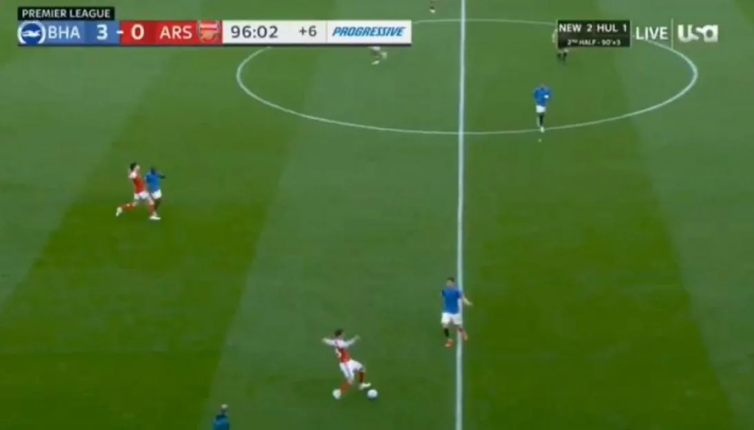Fans fume ‘VAR must’ve had a tea break’ as Arsenal star Declan Rice avoids red card for hacking down Brighton ace