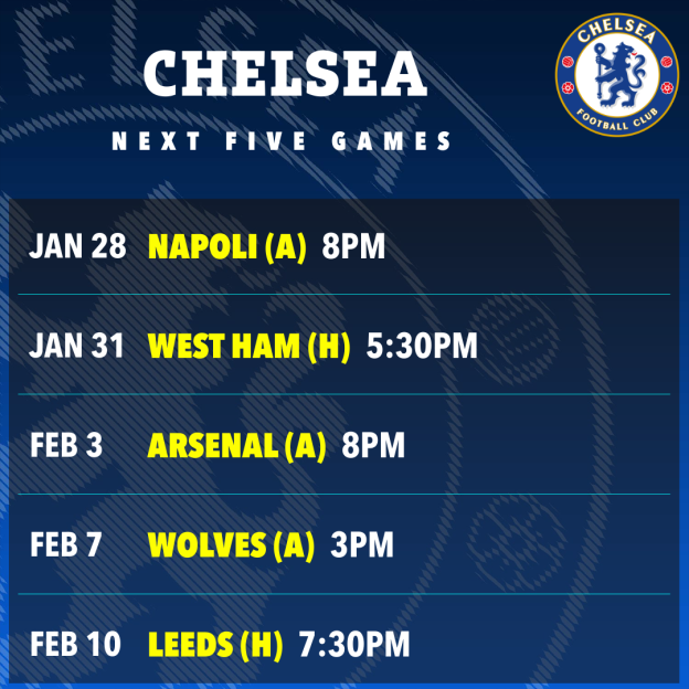 Chelsea's next five games schedule.
