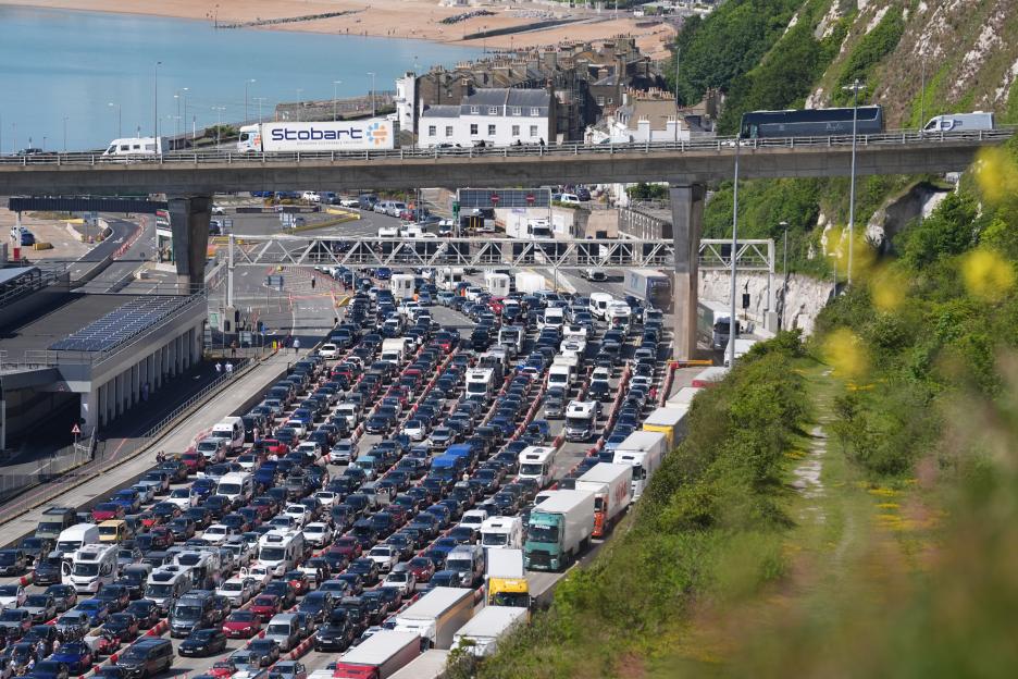 Traffic queuing at the Port of Dover in Kent.