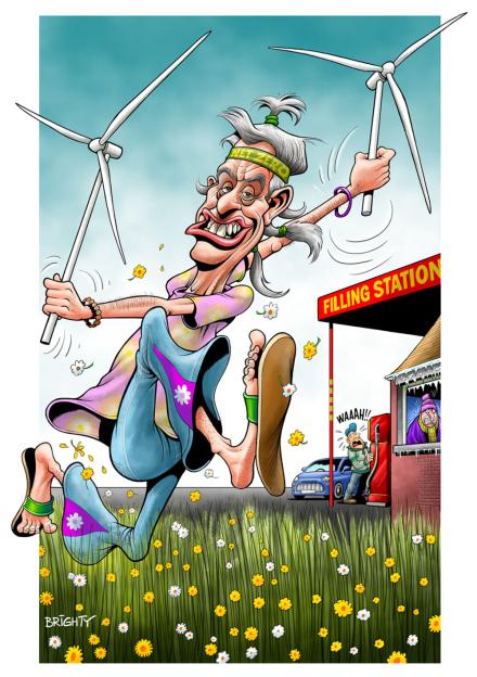 Illustration of an old hippie running barefoot, carrying wind turbines, past a gas station where people are freezing, representing the impact of net zero policies.