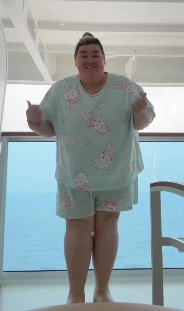Becki Jones in bunny pajamas after weight loss.
