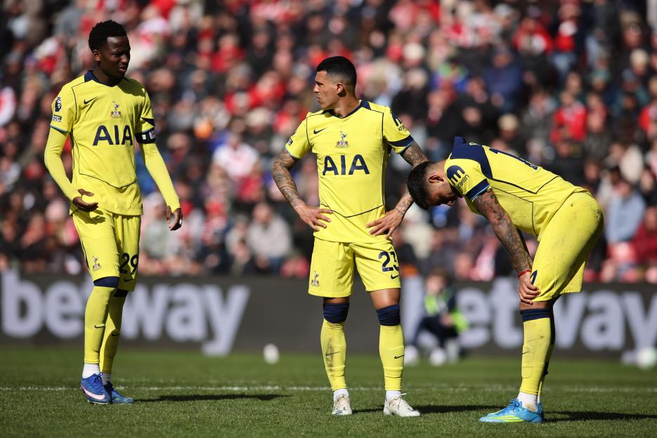 Pape Matar Sarr, Pedro Porro and Cristian Romero Of Tottenham Hotspur show dejection during the Premier League match between Sunderland and Tottenham Hotspur at the Stadium Of Light, Sunderland on Sunday 12th April 2026. (Photo: Michael Driver | MI N