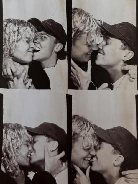 Collage of four black and white photos of Kath Ebbs and Chris Hughes kissing and laughing.