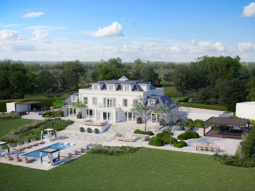 Illustration of a large white house with a pool and extensive garden.