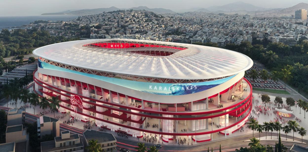 Illustration of Olympiacos stadium, a large, modern stadium with red and white accents, surrounded by a city and the sea in the background.