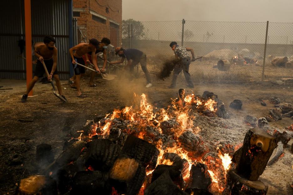 Men fighting a wildfire by shoveling dirt onto burning logs.