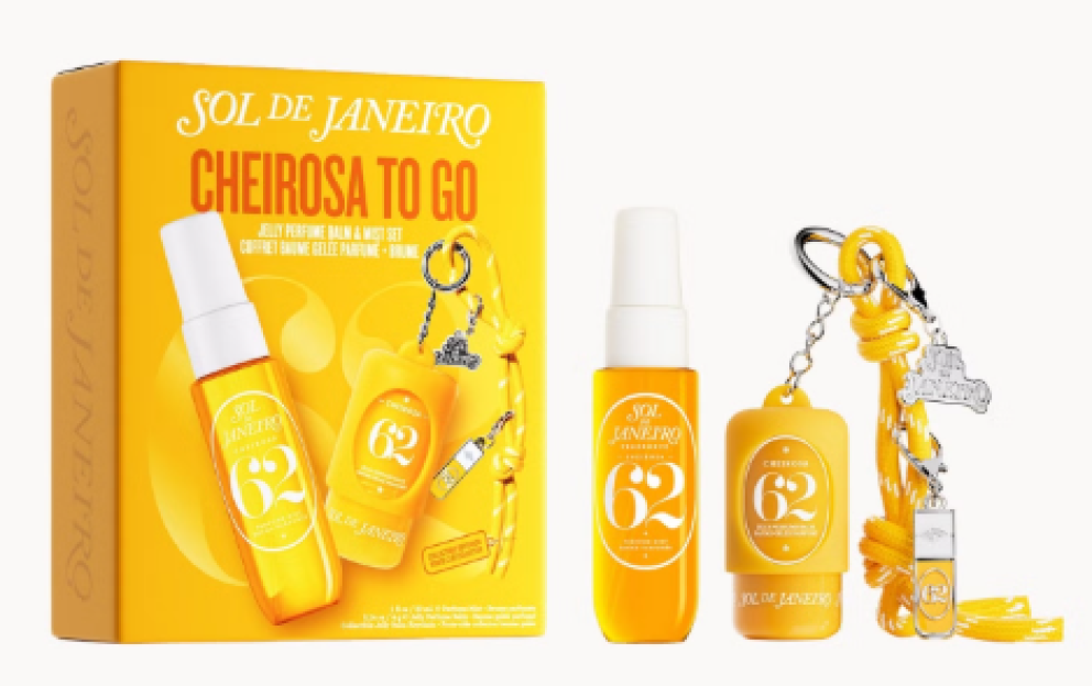 Sol de Janeiro Cheirosa To Go set with a body mist, perfume balm, and keychain.