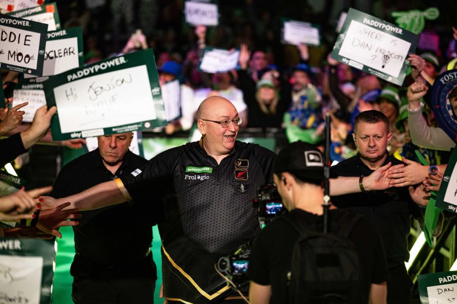 Andrew Gilding greeting fans at the Paddy Power World Darts Championship.
