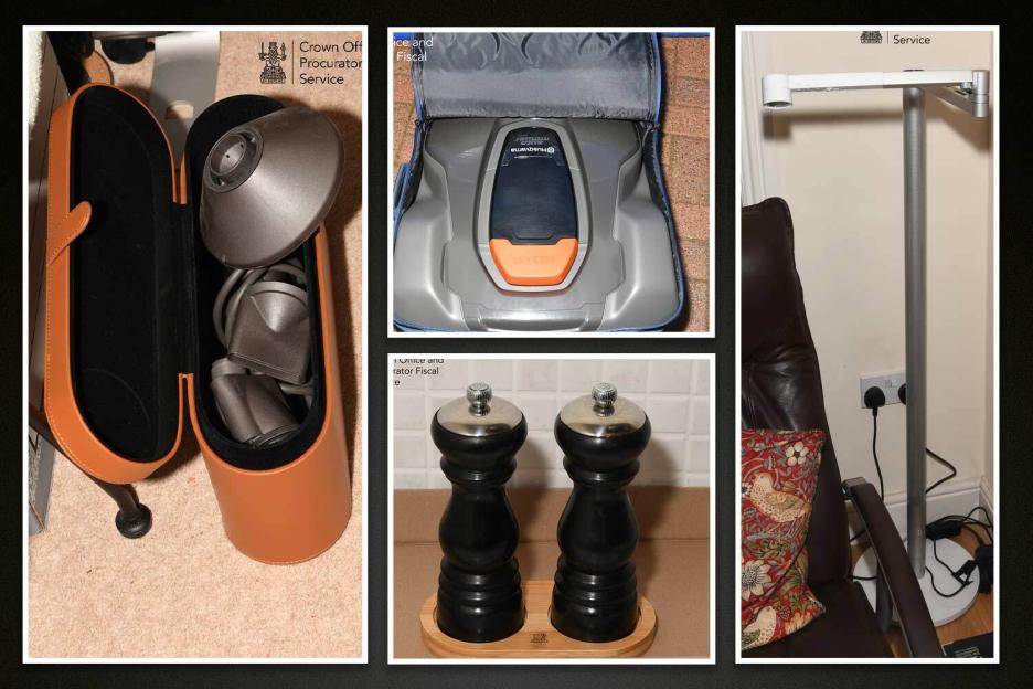 Collage of various household items including a hairdryer, robotic lawnmower, salt and pepper grinders, and a lamp.