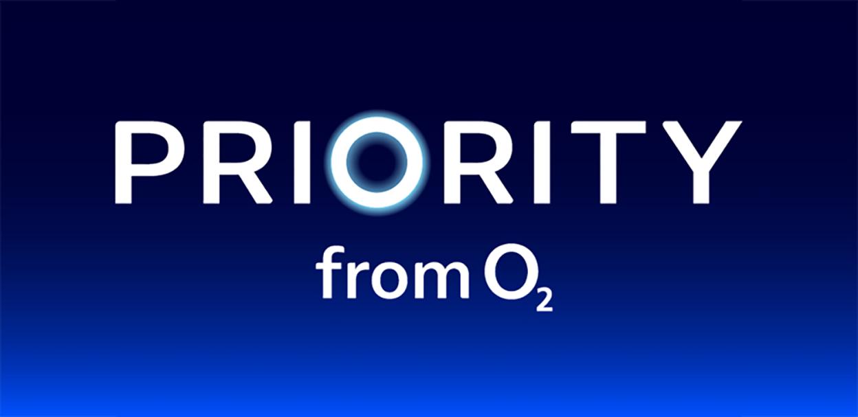 "PRIORITY" logo with a glowing ring around the 'O' and "from O2" below.