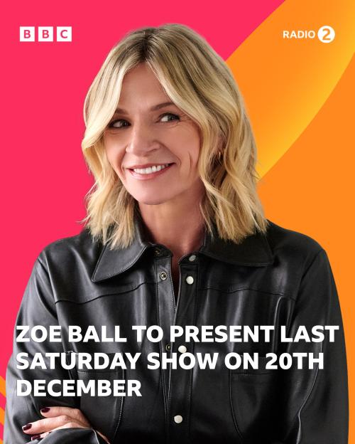 Zoe Ball smiling against a red and orange background with text "Zoe Ball to present last Saturday show on 20th December."